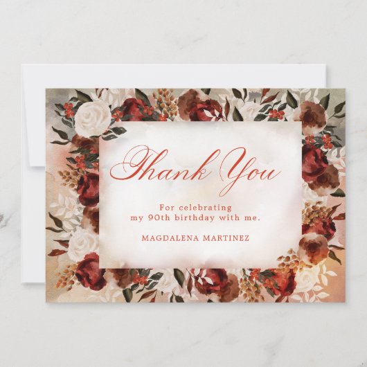 Bourgogne Witte Rose Herfst Bloemen 90ste Verjaard Bedankkaart (Voorkant)