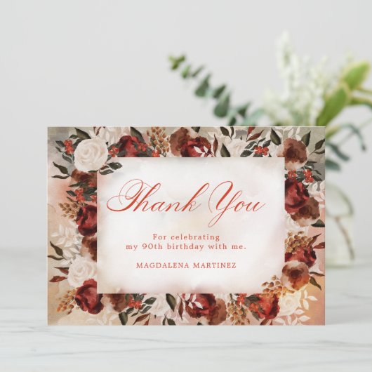 Bourgogne Witte Rose Herfst Bloemen 90ste Verjaard Bedankkaart (Staand voorkant)