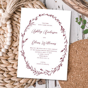Bourgogne + Witte rustieke Wildflower krans bruilo Kaart
