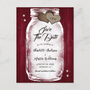 Bourgogne Wood String Lights Mason Jar Wedding Aankondigingskaart