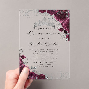 Bourgogne Zilver Clear Acryl Bloemen Quinceanera Uitnodigingen