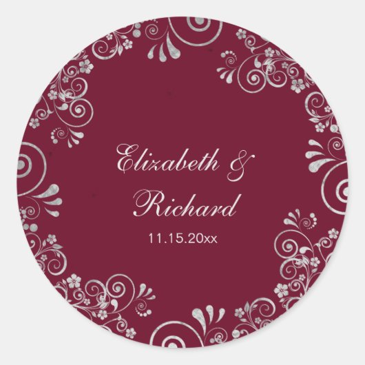 Bourgogne Zilver Grijs Script Floral krans bruilof Ronde Sticker (Voorkant)
