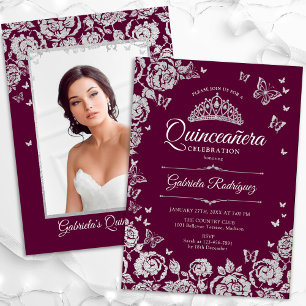 Bourgogne Zilveren Rozen Quinceanera Foto Kaart