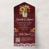 Bourgogne Zonnebloemen Mason Jar Rode QR Code Brui All In One Uitnodiging (Binnen)