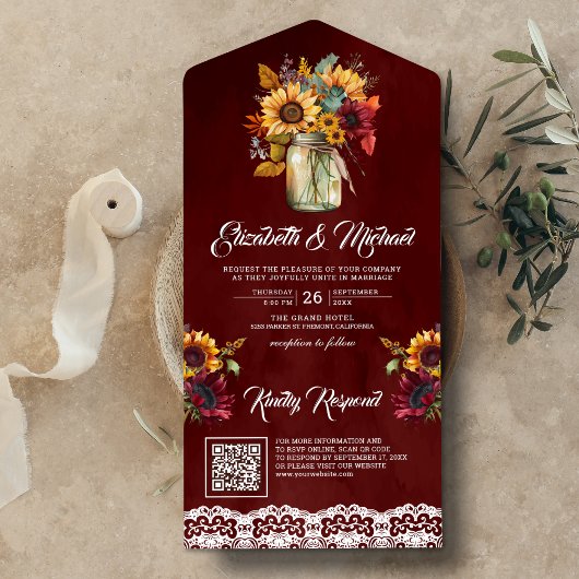 Bourgogne Zonnebloemen Mason Jar Rode QR Code Brui All In One Uitnodiging
