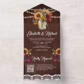 Bourgogne Zonnebloemen Mason Jar Wood QR Code Brui All In One Uitnodiging (Binnen)