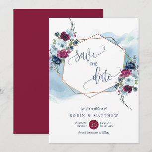 Bourgondië, Berry en Blue Floral bruiloft Save The Date