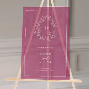 Bourgondië Bladrijke Kuif Monogram Welkom Bruiloft Acryl Bord