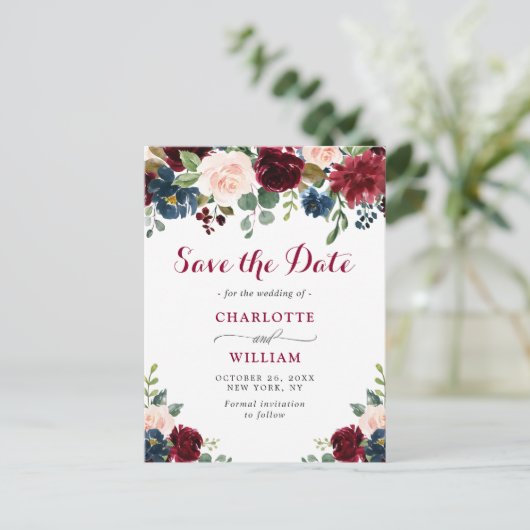 Bourgondië Blauw Blush Bloemen Bruiloft Save the D Briefkaart (Staand voorkant)