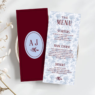 Bourgondië & Blauwe Vintage Toile Trouw Menu Kaart