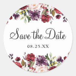 Bourgondië Bliss Bloemen Waterverf Save the Date Ronde Sticker