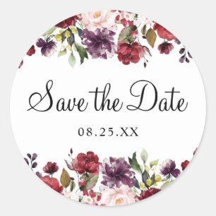 Bourgondië Bliss Bloemen Waterverf Save the Date Ronde Sticker