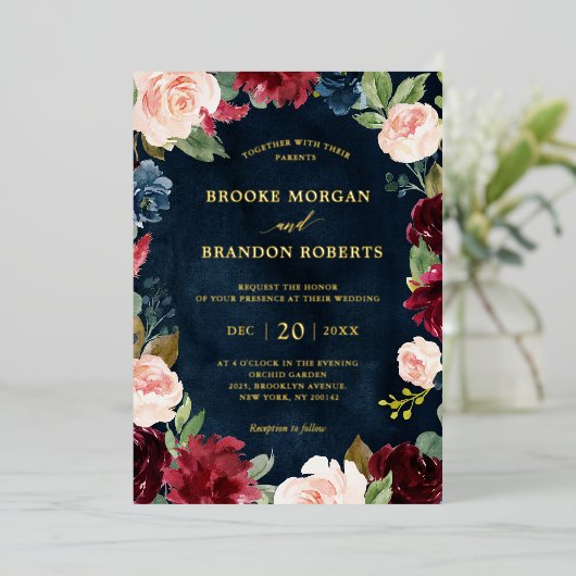 Bourgondië Bloem Goud Marineblauw Roestig Trouwfol Folie Uitnodiging (Staand Voorkant)