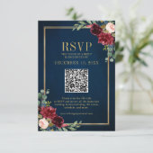 Bourgondië Bloemen Goud Lijst Navy Blue QR code RS RSVP Kaartje (Staand voorkant)