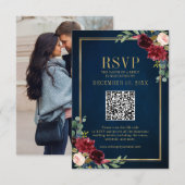 Bourgondië Bloemen Goud Lijst Navy Blue QR code RS RSVP Kaartje (Voorkant / Achterkant)