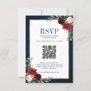 Bourgondië Bloemen Goud Lijst Navy Blue QR code RS RSVP Kaartje