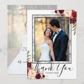 Bourgondië Bloemen Grijs Marmer Script Foto bruilo Bedankkaart (Voorkant / Achterkant)