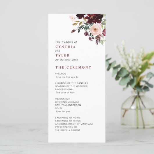 Bourgondië & blos bloemenbruiloft programma (Staand voorkant)