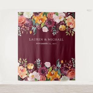 Bourgondië Blush Bloemen Achtergrond Foto Booth Wandkleed