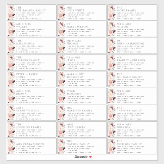 Bourgondië Blush Bloemen Bruiloft Gast Adresetiket Sticker (Vel)