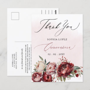 Bourgondië Blush Bloemen Quinceañera Dank u Briefkaart