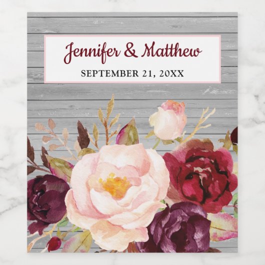 Bourgondië Blush Bloemen Rustieke Bruiloft Wijn Etiket (Enkel label)