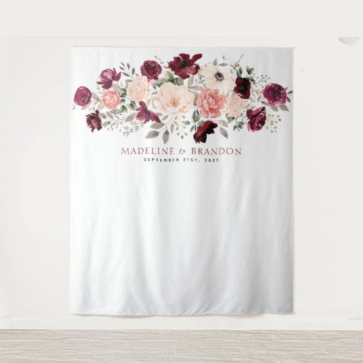 Bourgondië Blush Bruiloft Achtergrond Wandkleed (Voorkant)