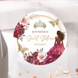Bourgondië Blush Goud Bloemen Prinses Zoet 16 Ronde Sticker