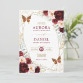 Bourgondië Blush Goud Bloemen Vlinder Bruiloft Kaart (Staand voorkant)