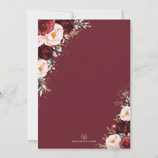 Bourgondië Blush Goud Bloemen Vlinder Bruiloft Kaart (Achterkant)
