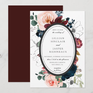 Bourgondië Blush Navy Bloem Ovaal Frame Bruiloft Kaart