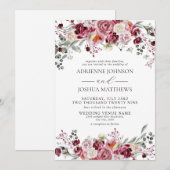 Bourgondië & Blush Peony Rozen Floral Wedding Kaart (Voorkant / Achterkant)