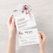 Bourgondië & Blush Romantisch Bloemen Bruiloft All In One Uitnodiging (Afscheurbaar)