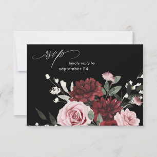 Bourgondië & Blush Roze Bloemen 6 Zwarte Maaltijd RSVP Kaartje