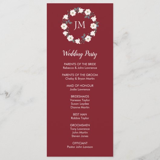 Bourgondië Blush Roze Bloemen Krans Monogram Programma (Achterkant)