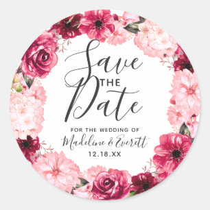 Bourgondië & Blush Roze Bloemkrans Save the Date Ronde Sticker