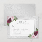 Bourgondië Blush Silver Bloemen Bruiloft RSVP Kaar (Voorkant / Achterkant)