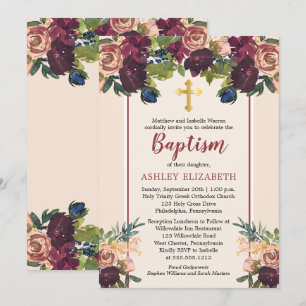 Bourgondië Blush Waterverf Floral Baptisme Kaart