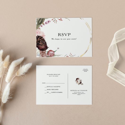 Bourgondië Boho Bloemen Bruiloft RSVP Briefkaart