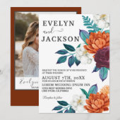 Bourgondië Boho Bloemen Foto Herfst Bruiloft Kaart (Voorkant / Achterkant)