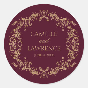 Bourgondië Champagne Toile Bloemenkader Bruiloft Ronde Sticker