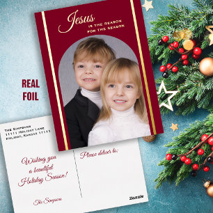 Bourgondië Christelijke Kerstfoto Goud Folie Feestdagen Briefkaart