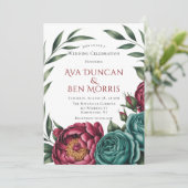 Bourgondië & Emerald Peony Winter Wedding Kaart (Staand voorkant)