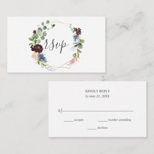 Bourgondië en blauwe bloemen geometrische bruiloft informatiekaartje (Voorkant / Achterkant)