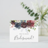 Bourgondië en blauwe bloemen: word jij mijn bruids uitnodiging briefkaart (Staand voorkant)