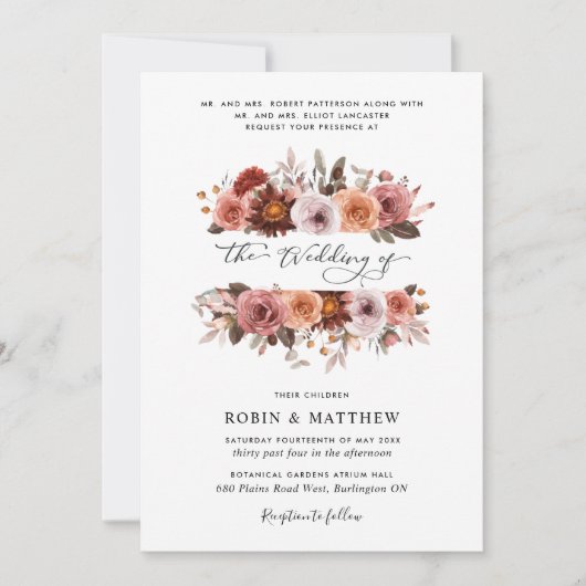 Bourgondië en Blush Bloemen Bruiloft Kaart (Voorkant)