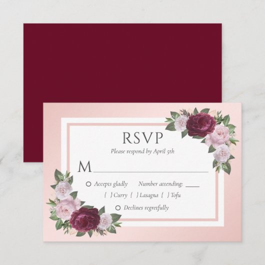 Bourgondië en Blush Bloemen Bruiloft RSVP Kaarten Kaartje (Voorkant / Achterkant)