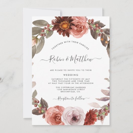 Bourgondië en Blush Floral krans bruiloft Kaart (Voorkant)