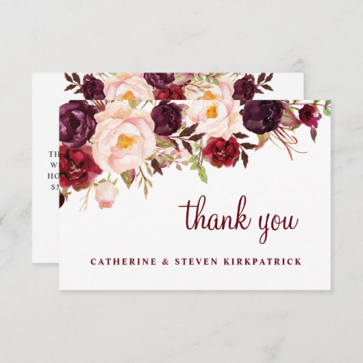 Bourgondië en Blush Roze Bloemen Botanische Bruilo Bedankkaart (Voorkant / Achterkant)