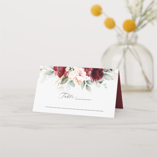 Bourgondië en Blush Roze Bloemen Trouwplaats Kaart (Voorkant)